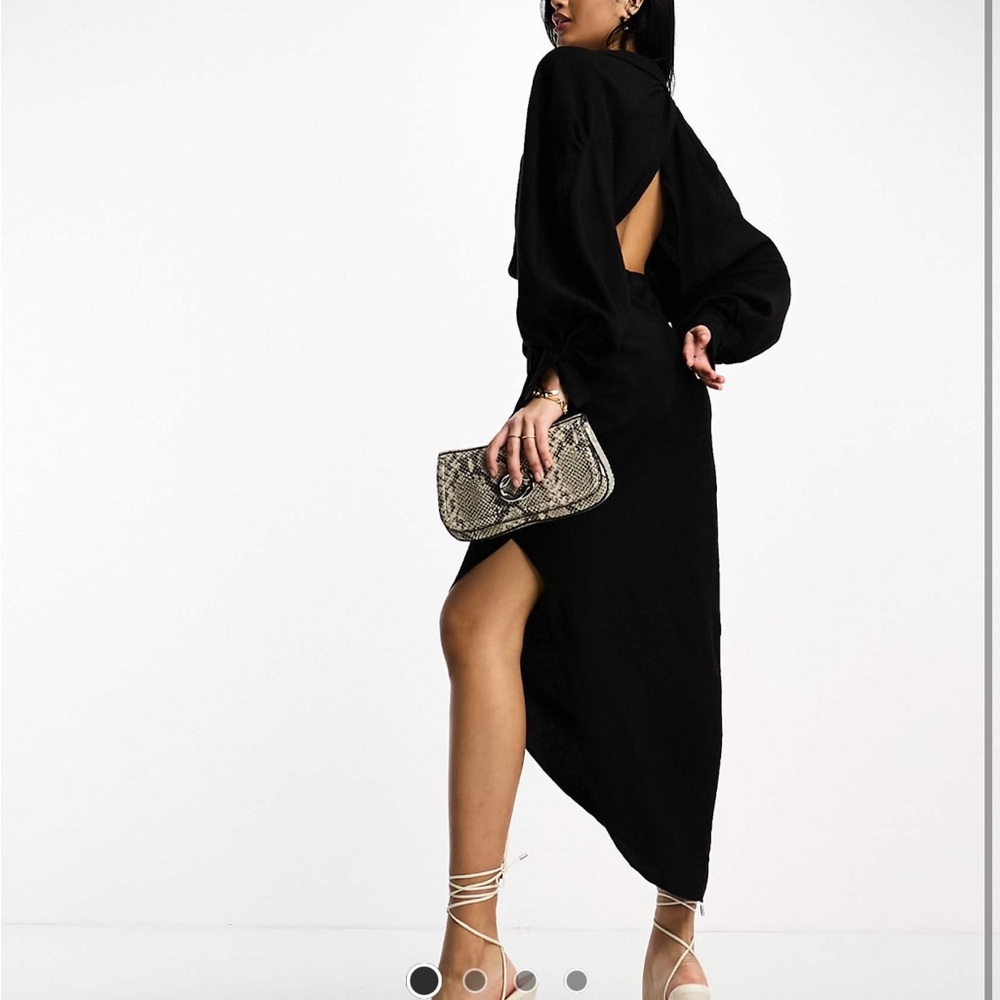 ASOS EDITION textured drape midi shirt dress with tie detail in black